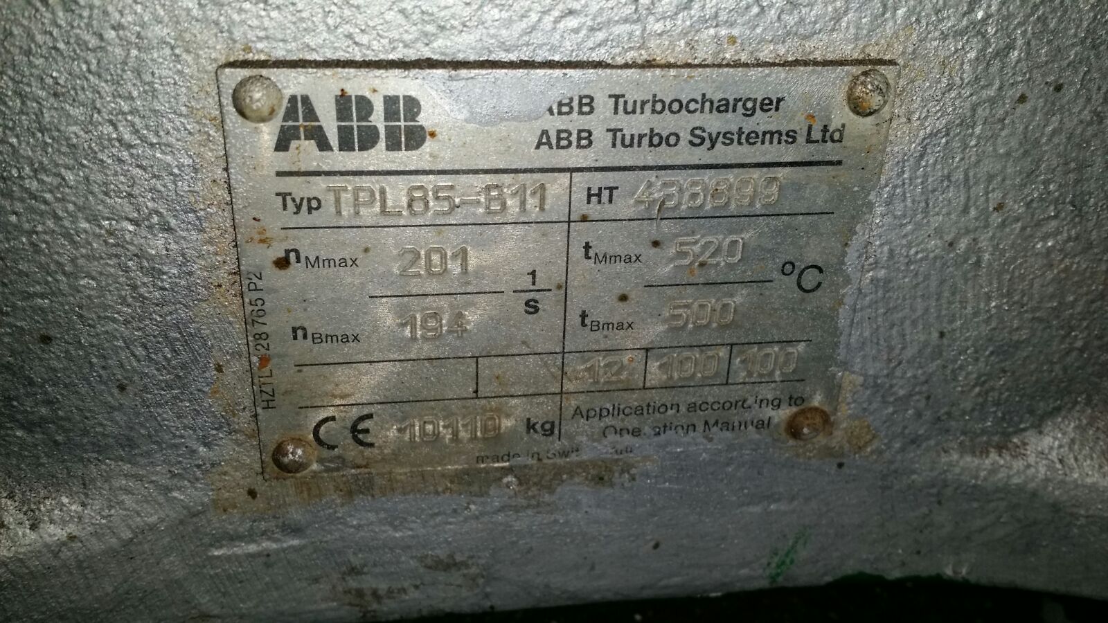  ABB TURBOCHARGER TYPE TPL 85 B11 